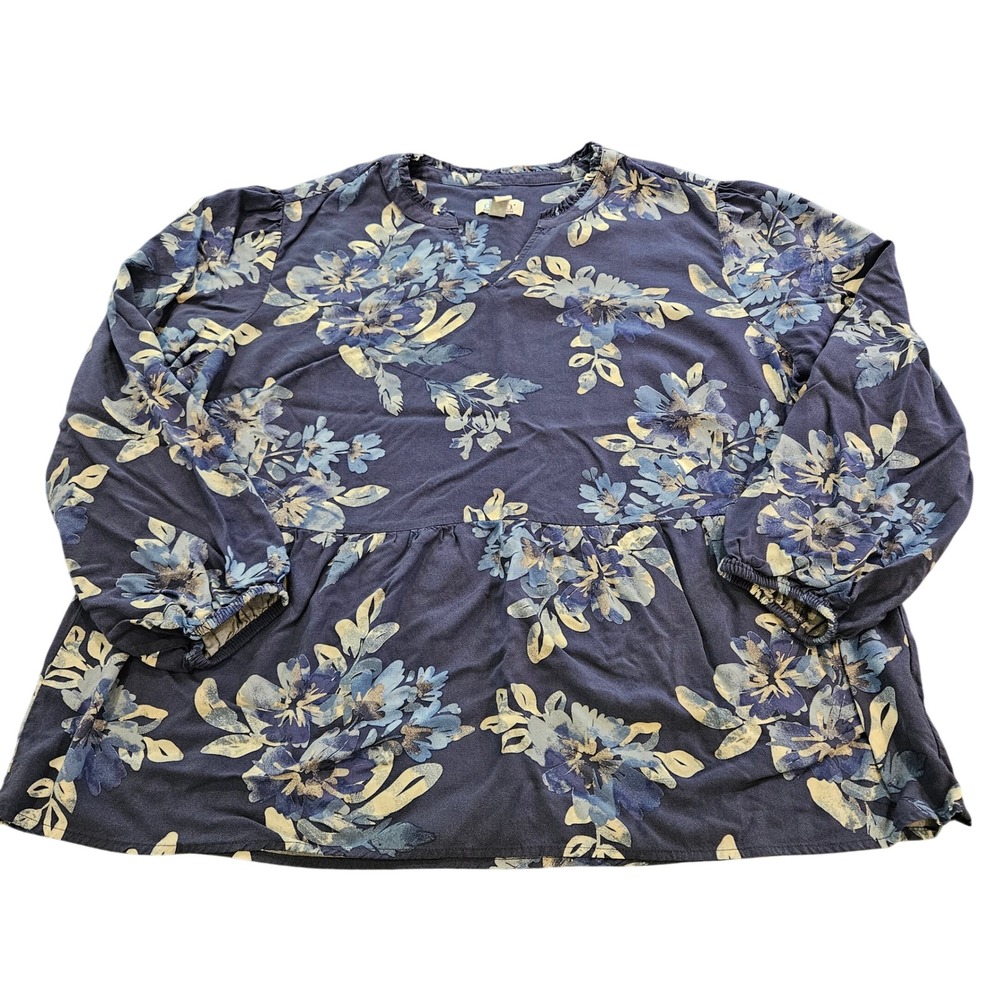 Denim & Co Blue Floral Babydoll Blouse 3/4‎ Sleeve Ruffle Neck Plus Size 1X